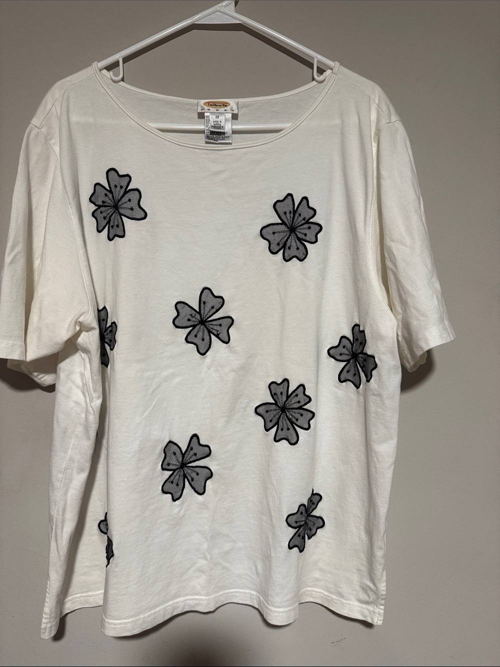 Talbots White Short Sleeve Tee with Black Floral Appliqués